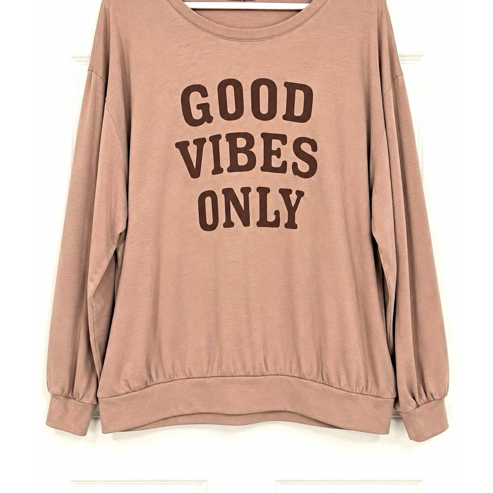 PatPat Women's Plus 24W Beige Good Vibes Only Graphic Pullover Crew Sweatshirt